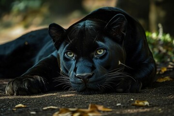 A sleek black panther lying low to the ground, its muscles taut and ready to pounce