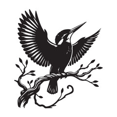 Black and White Kingfisher Illustration on Branch