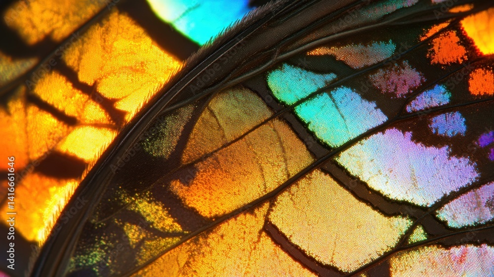 Poster a close-up view of a butterfly wing's intricate iridescent patterns.