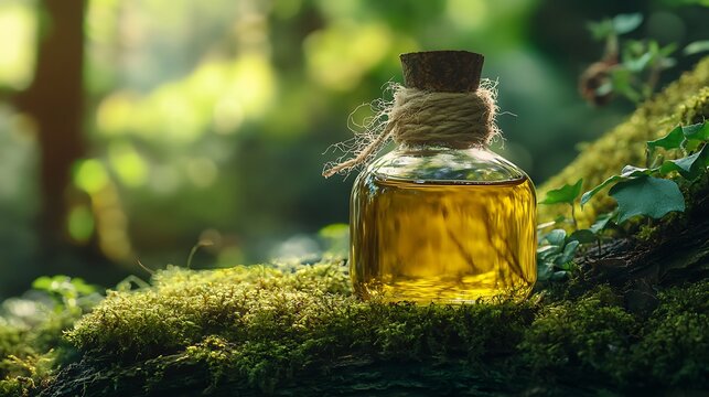 Organic herbal potion bottle on mossy forest tree for healing and magic
