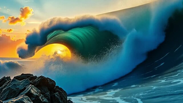 Ocean wave sunset scenic view nature landscape wallpaper background desktop hd beautiful image stock photo
