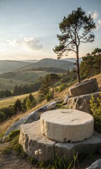 Rock stone podium set against an outdoor natural background, ideal for product presentation. (Podium)