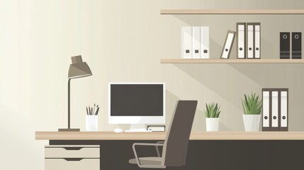 Clean workspace Desk, lamp, PC, shelves. Minimalist home office scene