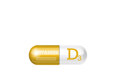 Vitamin D3, Cholecalciferol. Capsule tablet on transparent background. Copy space.