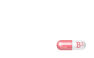 Vitamin B3, tablet, vitamin capsule. Two tone pink and white capsule. copy space