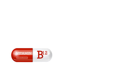 Vitamin B12, Cobalamin. Capsule tablet on transparent background. Copy space.