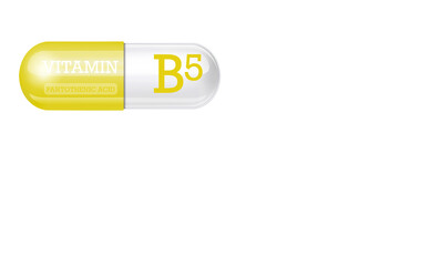 Vitamin B5, yellow-white capsule on a transparent background. Copy space.