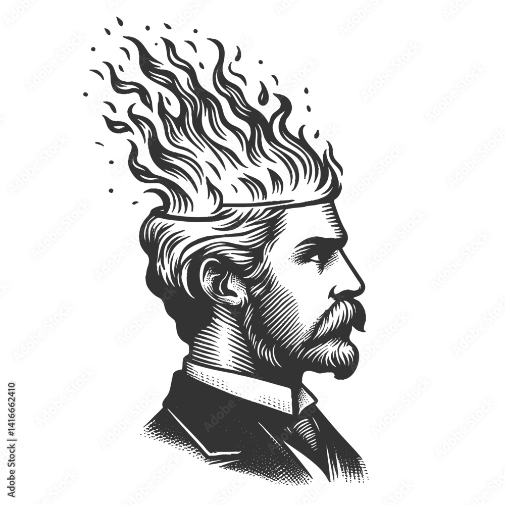 Poster man in a suit with flames emerging from his head, symbolizing intense creativity and ideas sketch en