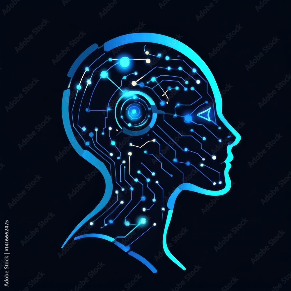 Poster futuristic artificial intelligence head silhouette with circuitry pattern on dark background