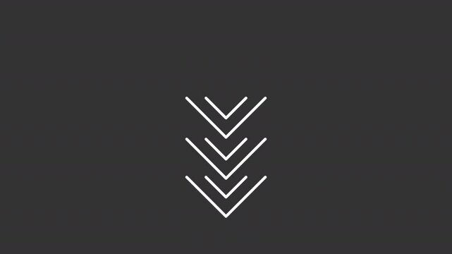 Scroll down movement white line animation. Direction arrows animated icon. Moving, shaking. Decreasing, downward. Interface, sign. Isolated element on dark background. Alpha transparent video
