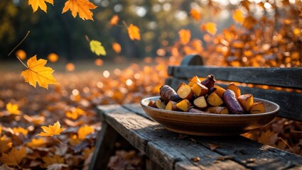 Roasted Root Vegetables on Bench with Falling Autumn Leaves Outdoors