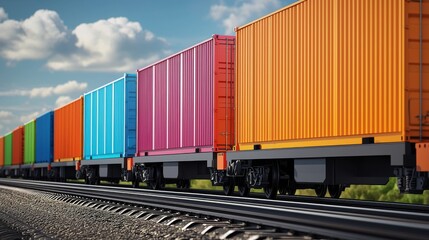 Obraz premium Colorful cargo containers on rail, under a bright sky