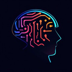 Human Head Outline with Circuit Board Design Inside in Neon Colors on Dark Background