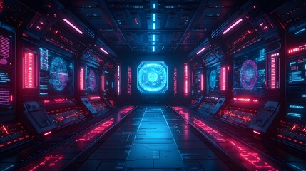 Futuristic spaceship corridor illuminated by vibrant neon lights.