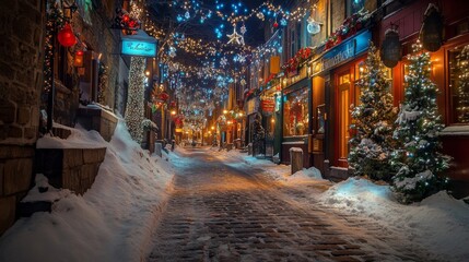 Fototapeta premium Snowy Christmas Street at Night with Warm Lights