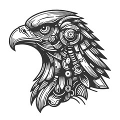 Fototapeta premium cybernetic robotic eagle head, intricate mechanical details in a sci-fi and steampunk aesthetic sketch engraving generative ai vector illustration. Scratch board imitation. Black and white image.