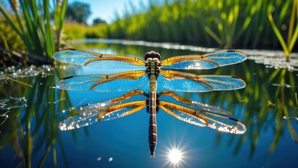 Dragonfly Resting Gently on Water Reflecting Sunlight in Natural Habitat