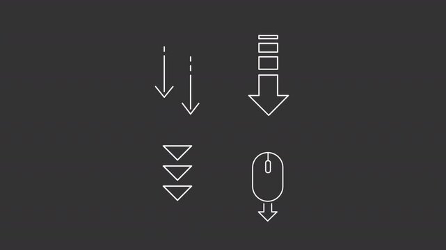 Scroll down animation set. User swipe animated white line icons. Mouse input, hardware. Direction arrows, interface. Download, downward. Isolated elements on dark background. Alpha channel HD video
