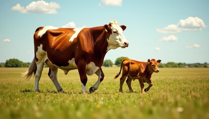 Hereford cow and calf stroll through Texas field , texas, rural