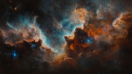 Naklejka premium Cosmic Nebula in Deep Space: Vibrant Orange and Blue Hues