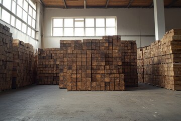 Lumberyard scene. Wood stacks in a large warehouse, window light