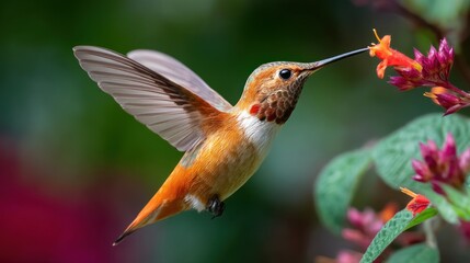 Fototapeta premium Hummingbird in flight, feeding on flower