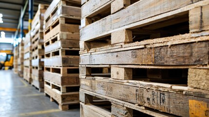 Stacked wooden pallets fill an industrial space, showing texture and repeating patterns