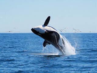 Fototapeta premium Orca Jumping Out of the Deep Blue Sea with Splash