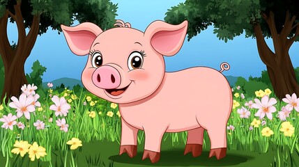 A cheerful piglet in a flowery meadow scene.
