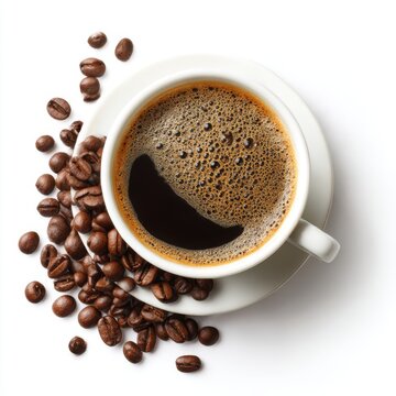 Aerial view of a cup of dark brew with scattered roasted beans near isolated on white background