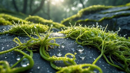 Moss Growing on Rock with Water Droplets in a Forest Setting