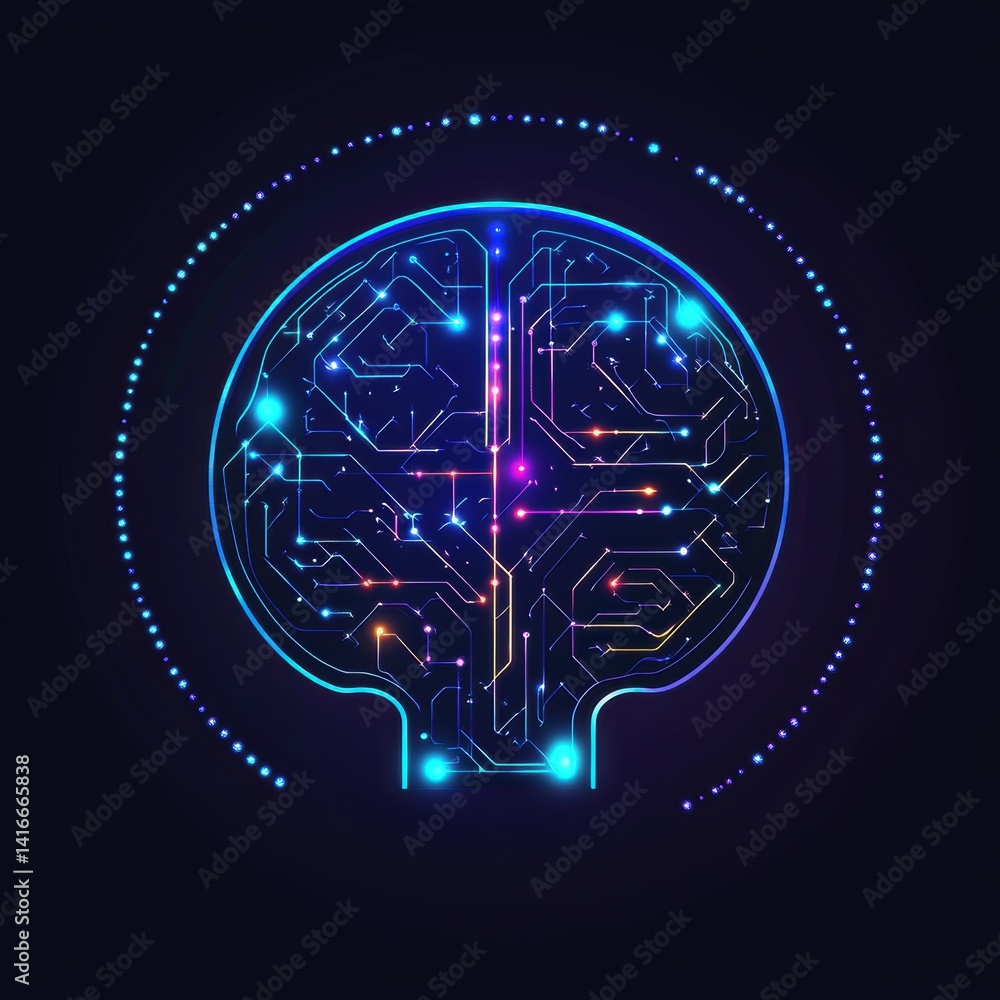 Poster futuristic brain circuit illustration with glowing connections and data flow on dark background