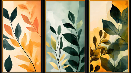 A vibrant triptych of botanical art featuring lush green leaves and warm autumn hues.