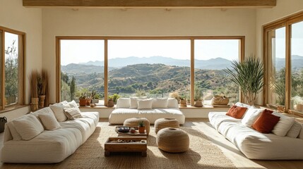 Fototapeta premium Modern Minimalist Living Room with Panoramic Mountain View