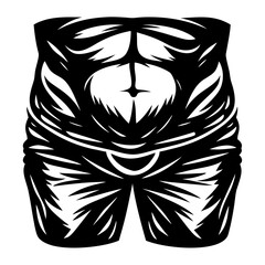 Stylized black and white illustration of a torso wearing shorts with abstract design
