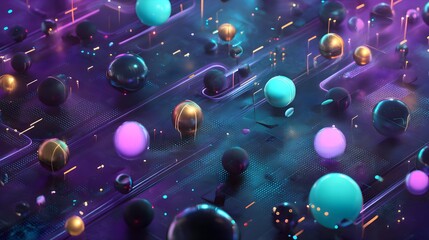 An abstract digital illustration of a quantum computer entangled particles, glowing spheres and matrix grids, energy waves flowing through circuits, vibrant neon colors,