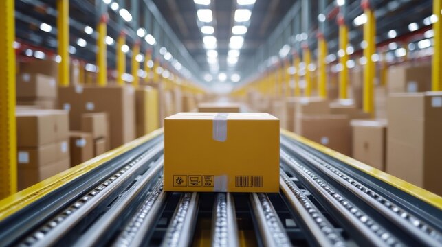 Cardboard Box on Conveyor Belt in Bright Warehouse