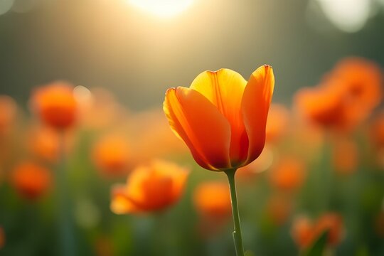 Blurred tulips flower background. Creating a dreamy and romantic springtime atmosphere. Feelings of peace, renewal, and the joy of nature, making it perfect for seasonal, floral or inspirational theme