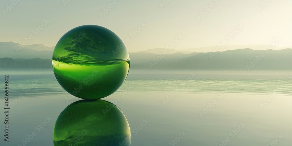 Poster green reflective egg-shaped object on serene water surface with mountains in background