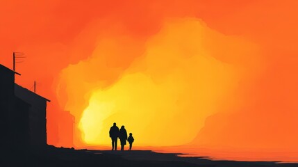 Naklejka premium Family Silhouette at Sunset Apocalyptic Cityscape Hope Despair