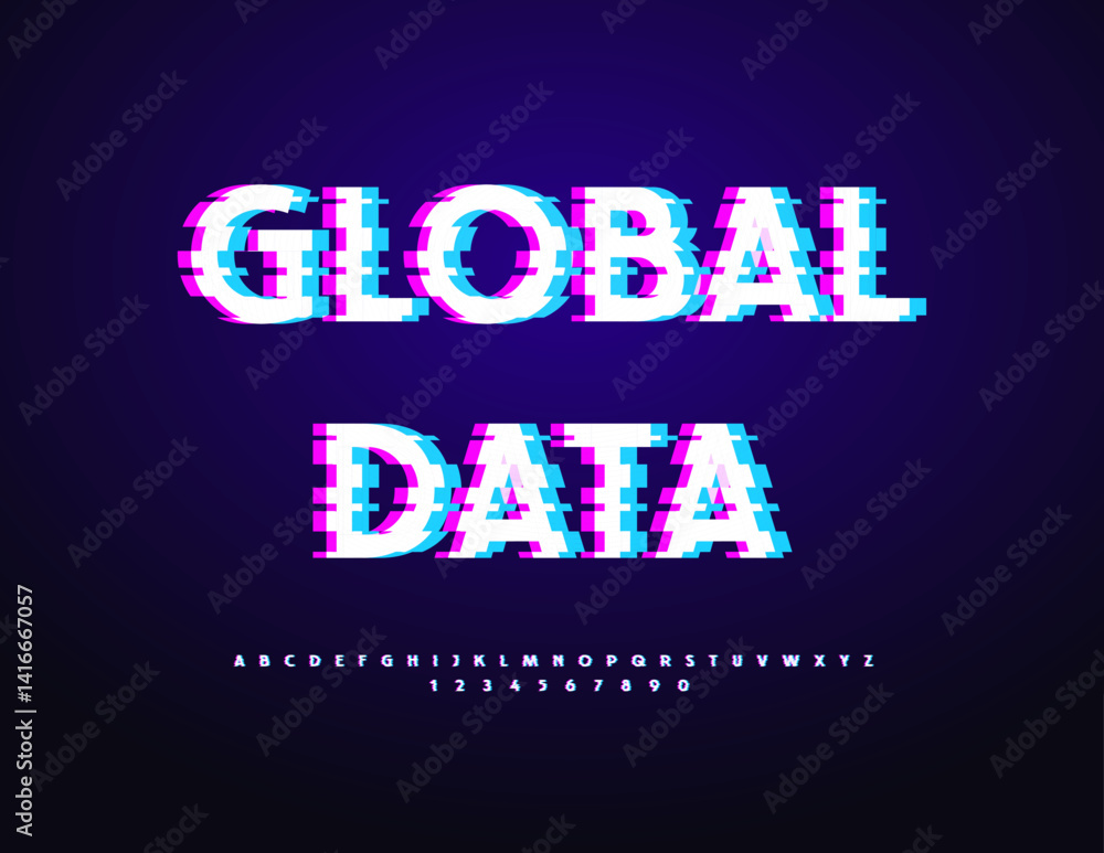 Poster vector digital concept global data. error effect font. glitch alphabet letters and numbers set