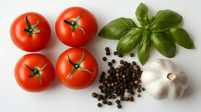 Fresh red tomatoes with basil, garlic, and assorted peppercorns, creating a vibrant and inviting culinary arrangement.