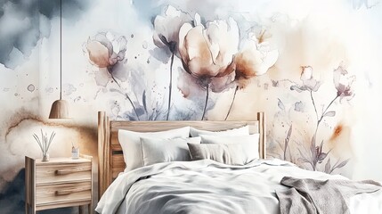 transform your space with a serene scandinavian bedroom poster: embrace white linen, light wood furniture, and soft natural lighting for a tranquil atmosphere