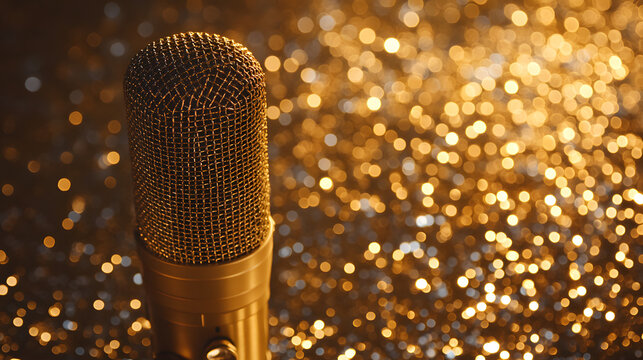 A close-up of a golden microphone against a sparkling golden bokeh background, exuding a glamorous and celebratory mood.