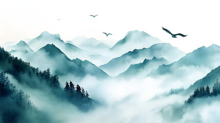 A serene watercolor landscape of hazy mountains, softly blending blues and greens with soaring birds above.
