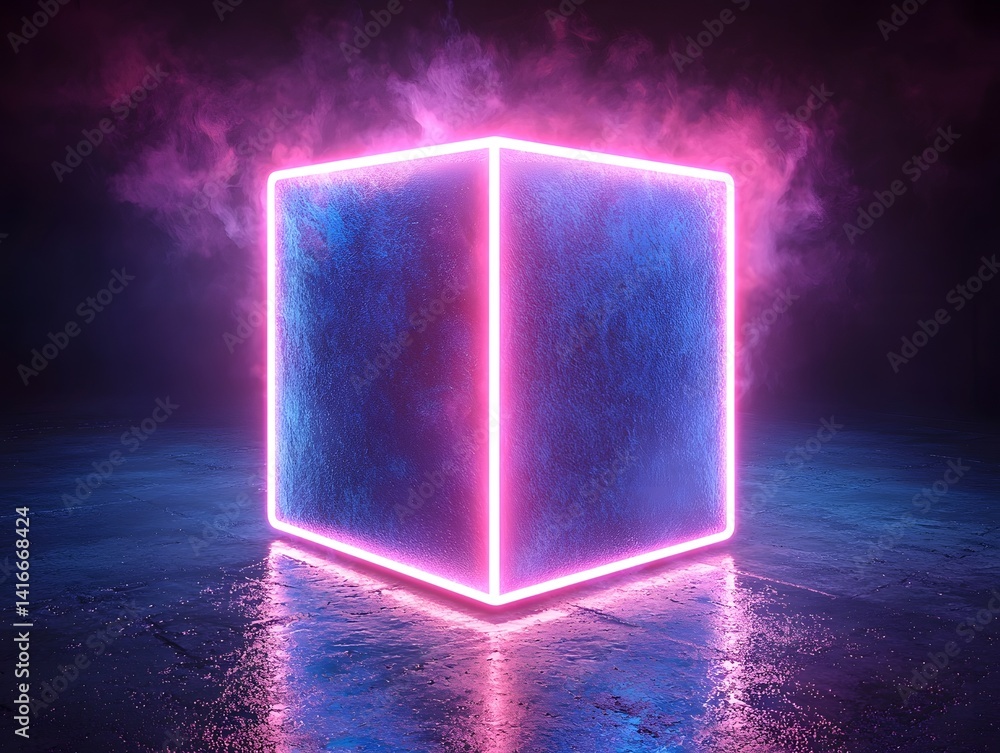 Poster glowing neon cube floating in a dark atmospheric space
