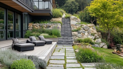Fototapeta premium Modern Hillside Home with Stone Patio and Lush Garden