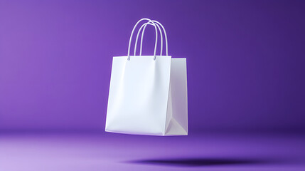 A minimalist white shopping bag floats against a vibrant purple background, symbolizing retail and shopping.