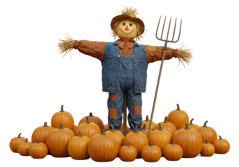 Isolated Scarecrow Guarding Pumpkin Patch Harvest Season