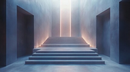 Fototapeta premium Abstract Grey Stone Hallway with Glowing Blue Light and Stairs
